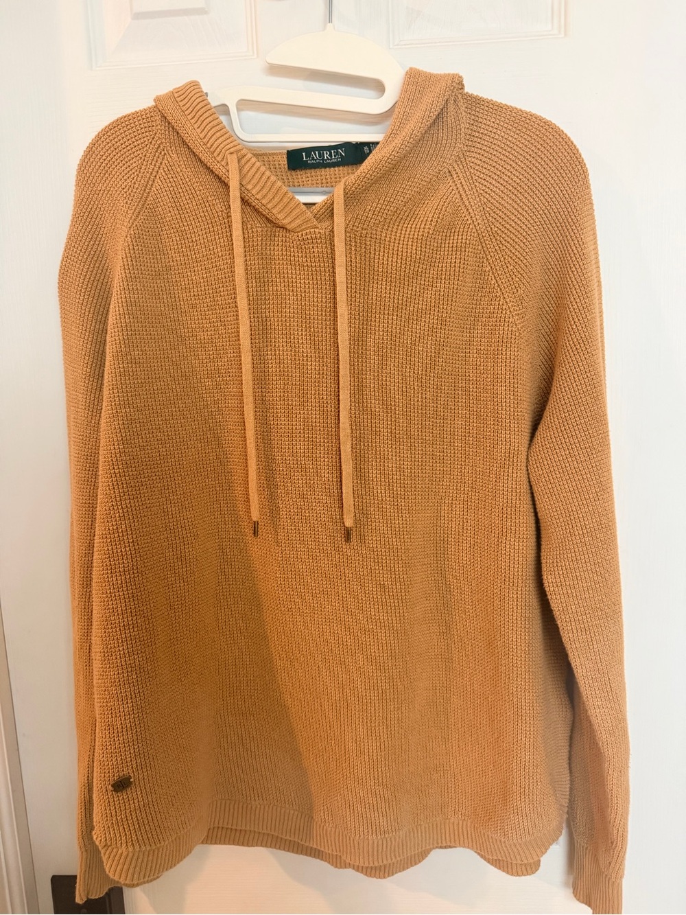 Lauren Ralph Lauren knit pullover hoodie in a warm camel/tan color. Features a